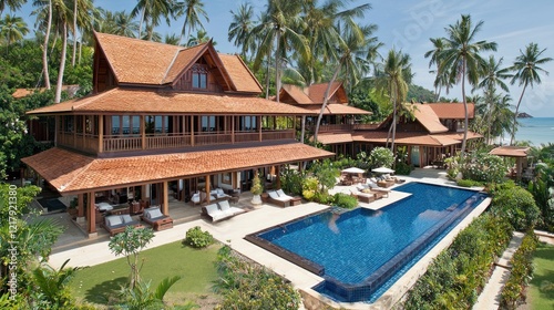 Tropical beachfront villa, poolside luxury, Thailand
