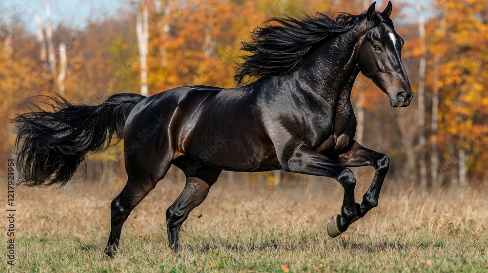Black stallion running in autumn field. (1) Black stallion running in autumn field. (1)