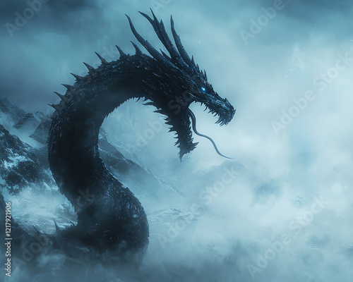 Ancient dragon with mystical runes on a misty mountain background