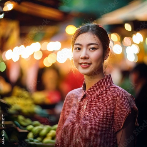 Portrait Young Chinese woman in Thailand at the weekly market with lighting in the bokeh background