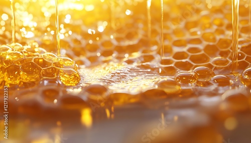 Golden Honey Pouring Over Honeycomb Cells photo