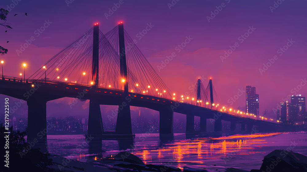 Fototapeta premium A long exposure shot of the bandra-worli sea link in mumbai, india, at sunset. the bridge is lit up, and the city skyline is visible in the background. Twilight Bridge. Illustration