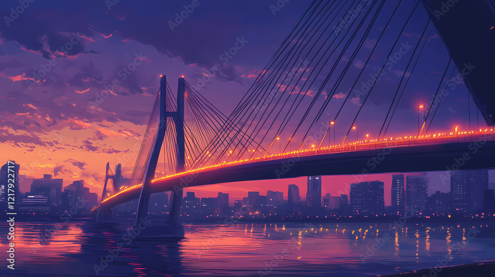 Fototapeta premium A modern cable-stayed bridge with a dramatic archway illuminated at sunset, with a cityscape and river in the background. Twilight Bridge. Illustration