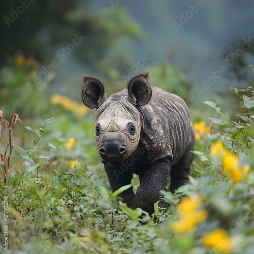 Adorable Baby Sumatran Rhino Calf in Lush Green Habitat