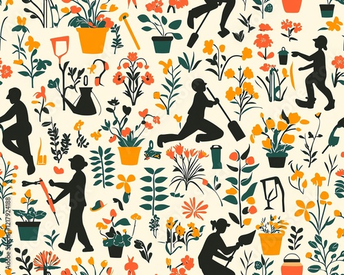 Gardening seamless pattern, silhouettes in planting pose among flowers and gardening tools photo