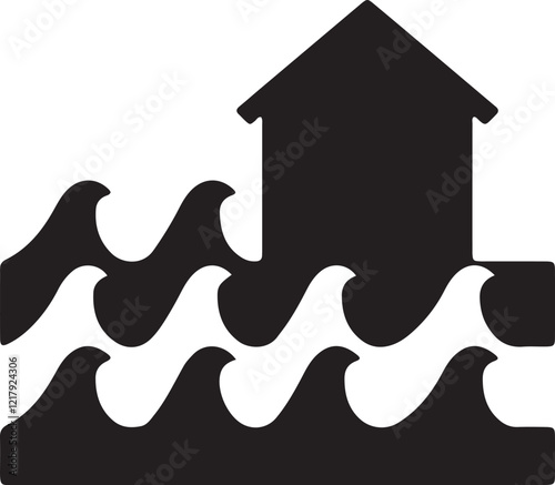 The illustration shows an icon of a house caught in a flash flood silhouette