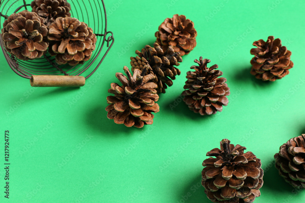 Basket with pine cones on green background Basket with pine cones on green background
