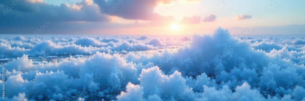 Frozen landscape with scattered ice crystals shimmering in sunlight, frosty, serene Frozen landscape with scattered ice crystals shimmering in sunlight, frosty, serene
