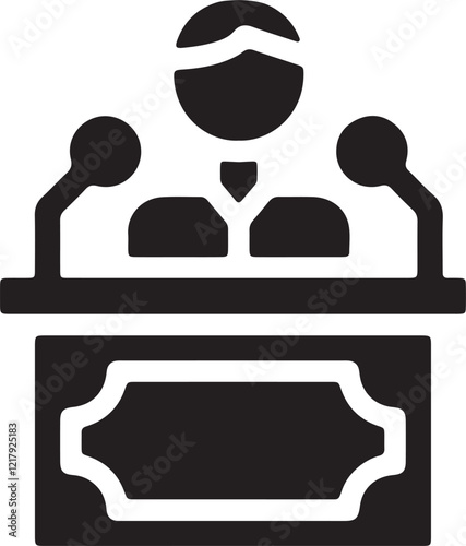 The illustration shows an icon of a stickman speaking on a podium silhouette