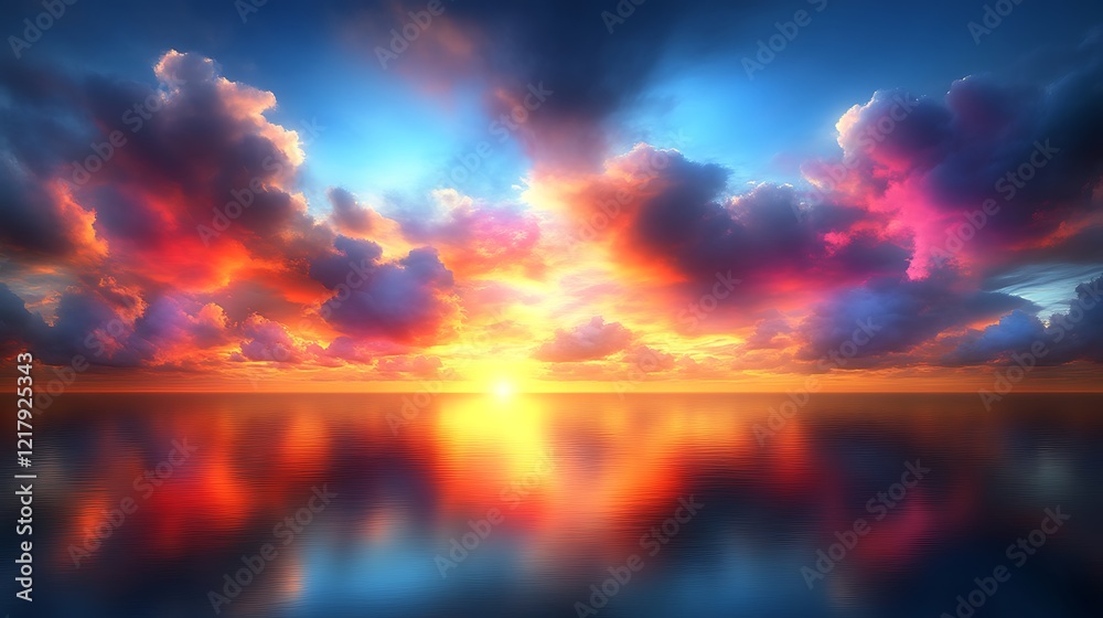Fototapeta premium Vibrant Sunset Sky Over Calm Ocean Waters
