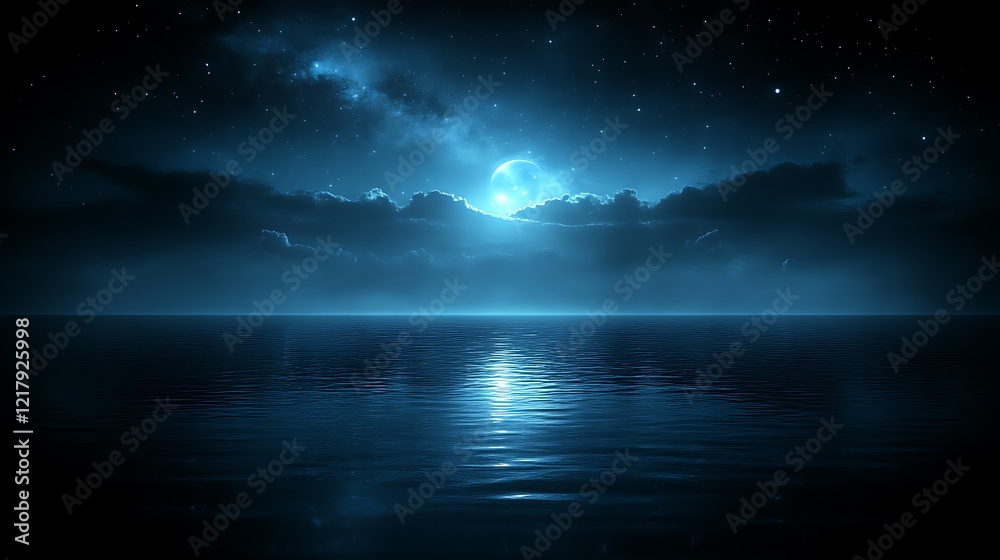 Serene Night Seascape Moonlit Ocean Stars Clouds Serene Night Seascape Moonlit Ocean Stars Clouds