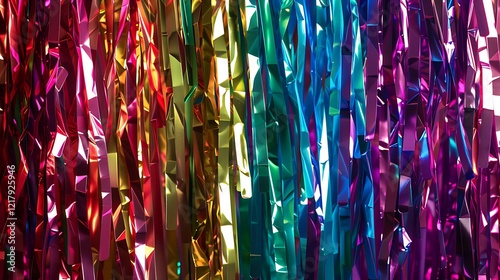 A shimmering wall of metallic streamers in bold colors.