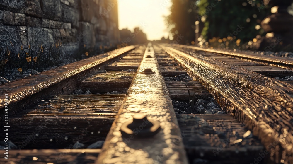 Naklejka premium Old weathered railroad tracks vanishing into sunset.