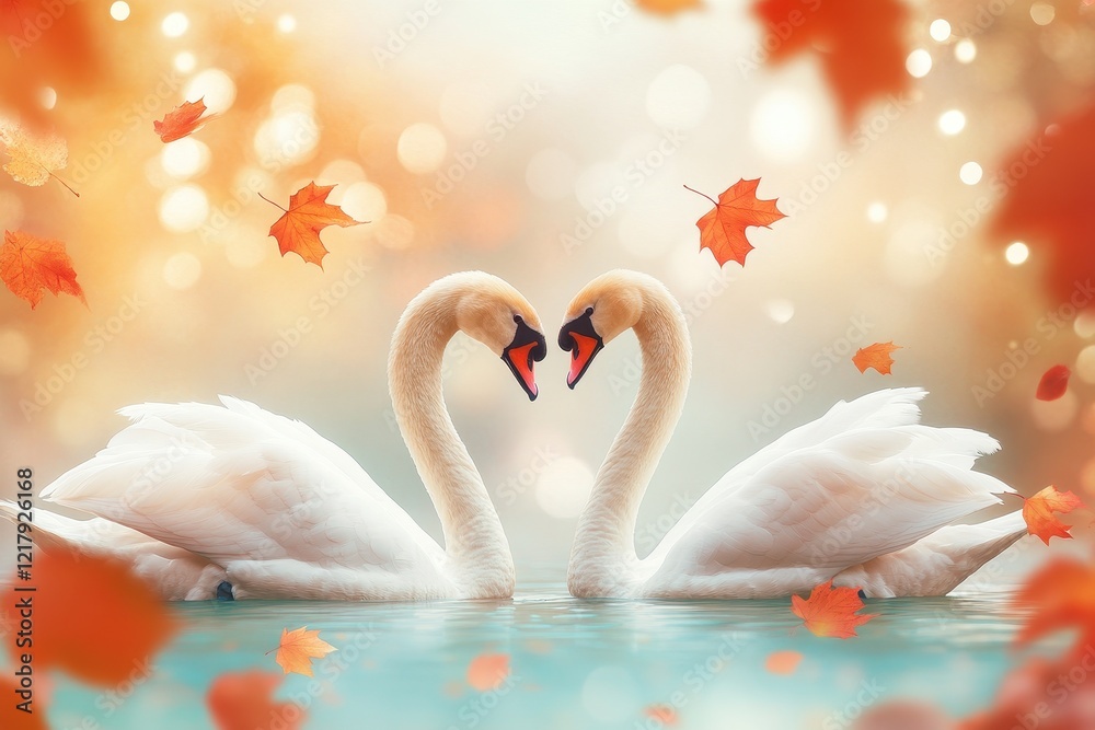 Fototapeta premium Two Swans Forming Heart Shape in Autumn Setting