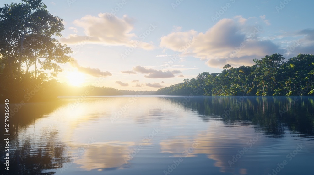Fototapeta premium Serene sunset over calm lake in lush rainforest.