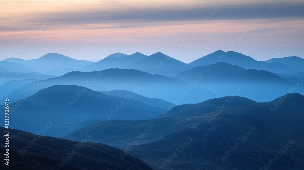 Fototapeta premium Serene blue mountain range at sunrise.