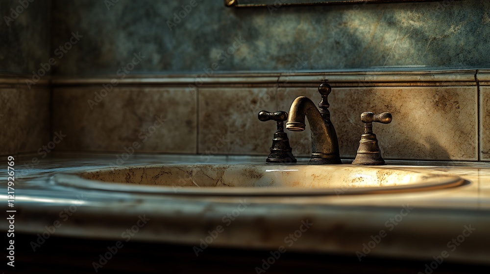 Warm light illuminates elegant oval sink bronze faucets. AI Generated