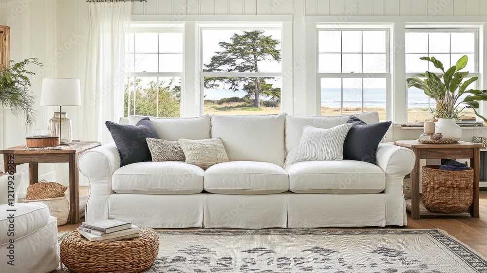 Fototapeta premium Cozy Living Room with White Sofa and Ocean View