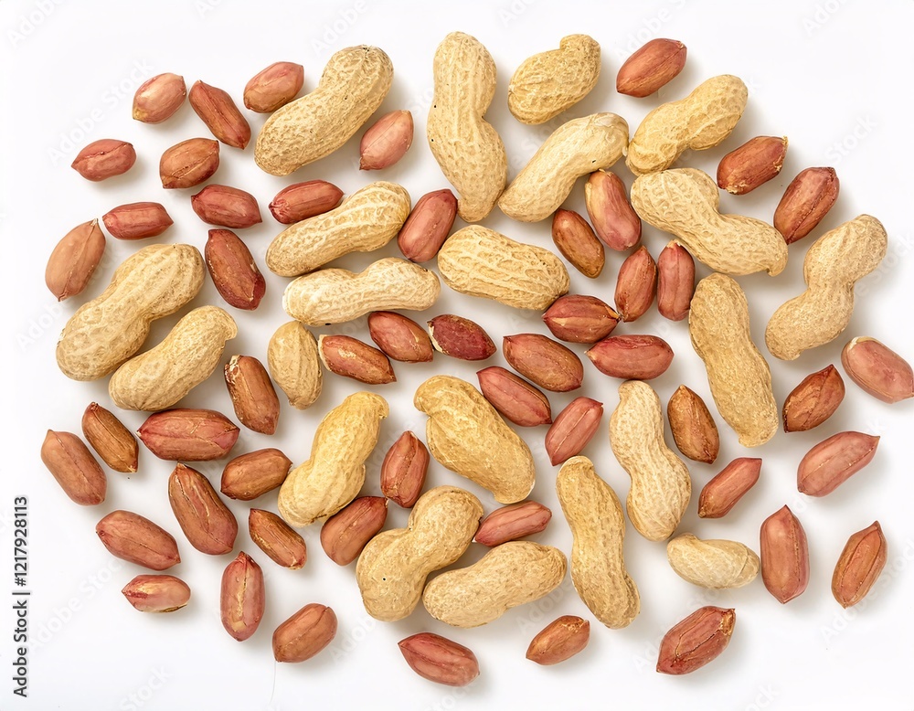 Peanuts Spread Across White Background, Top View Composition Peanuts Spread Across White Background, Top View Composition