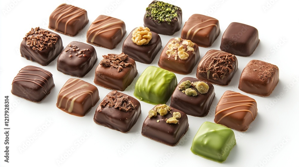 A variety of chocolates displayed on a white background with green and brown candies surrounding them A variety of chocolates displayed on a white background with green and brown candies surrounding them