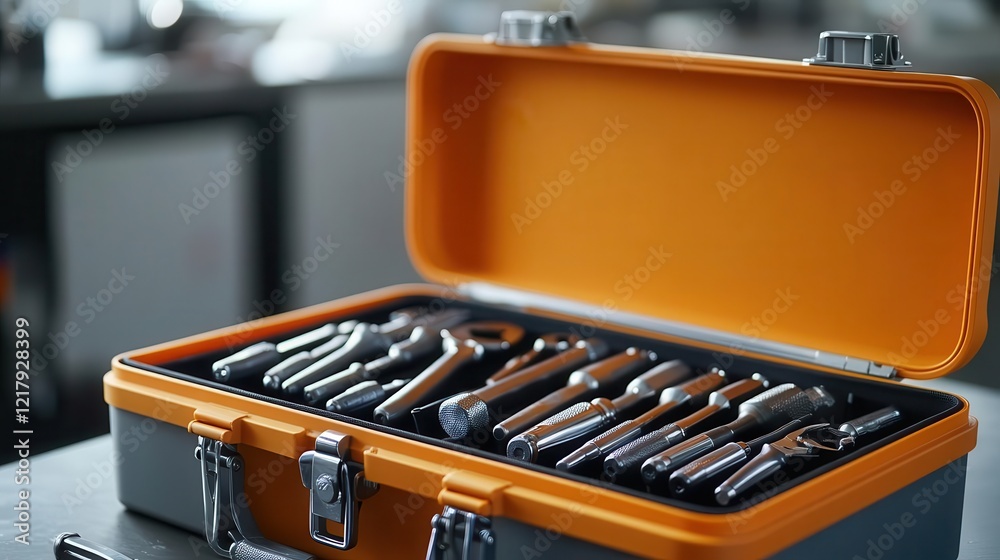 Toolbox with tools, close-up of open toolbox with neatly arranged tools, ready for use Toolbox with tools, close-up of open toolbox with neatly arranged tools, ready for use