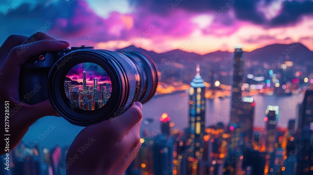 Tourist taking photos, close-up of camera lens focusing on a vibrant cityscape Tourist taking photos, close-up of camera lens focusing on a vibrant cityscape
