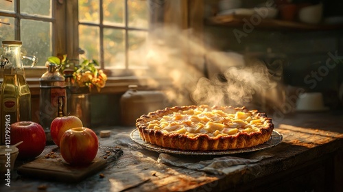 Warm apple pie on rustic kitchen counter, sunlit window.