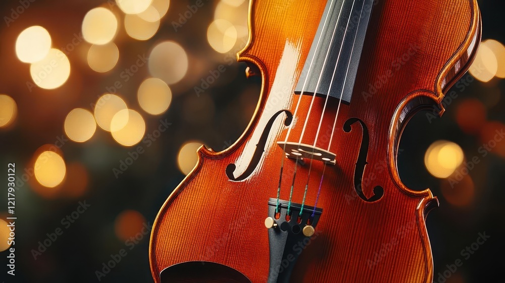 Fototapeta premium Violin and bow on stand, close-up of violin strings and bow resting, soft lighting