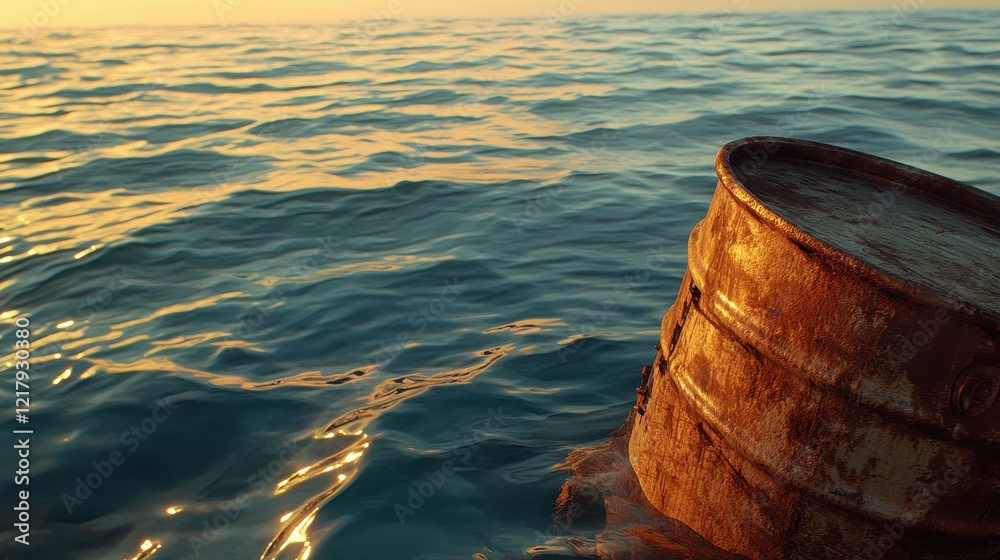Rusty metal barrel floating in serene ocean water during golden hour with gentle waves reflecting sunlight creating a tranquil atmosphere and nature's beauty. Rusty metal barrel floating in serene ocean water during golden hour with gentle waves reflecting sunlight creating a tranquil atmosphere and nature's beauty.