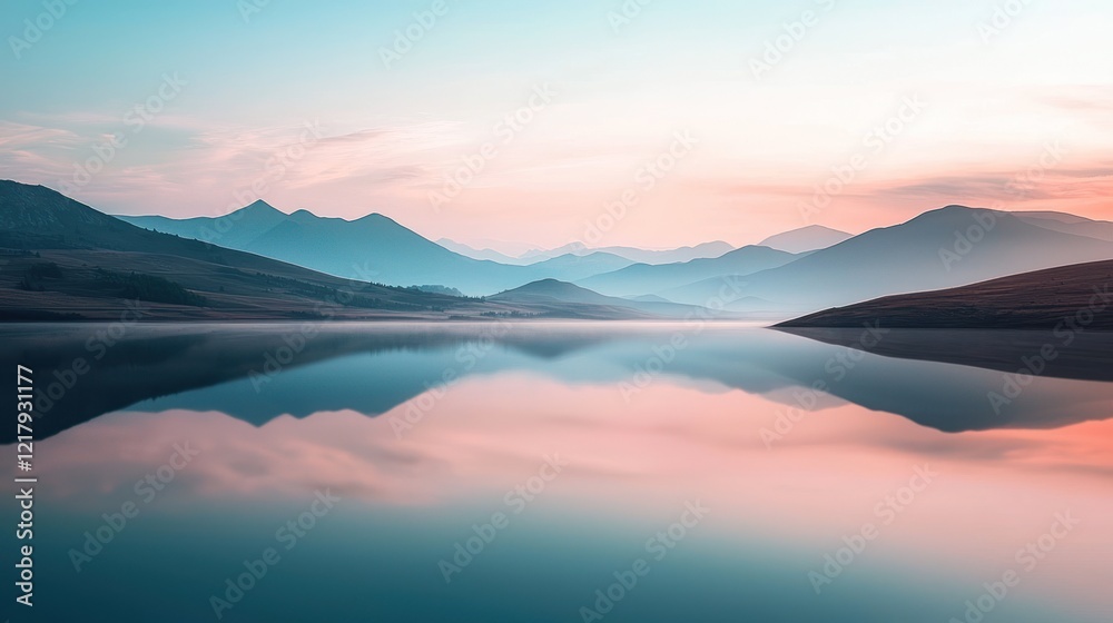 Fototapeta premium Serene lake reflecting pastel sunrise mountain range.