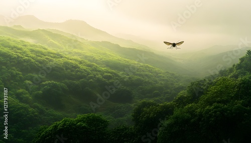 Insect Soaring Over Lush Verdant Mountain Ranges photo