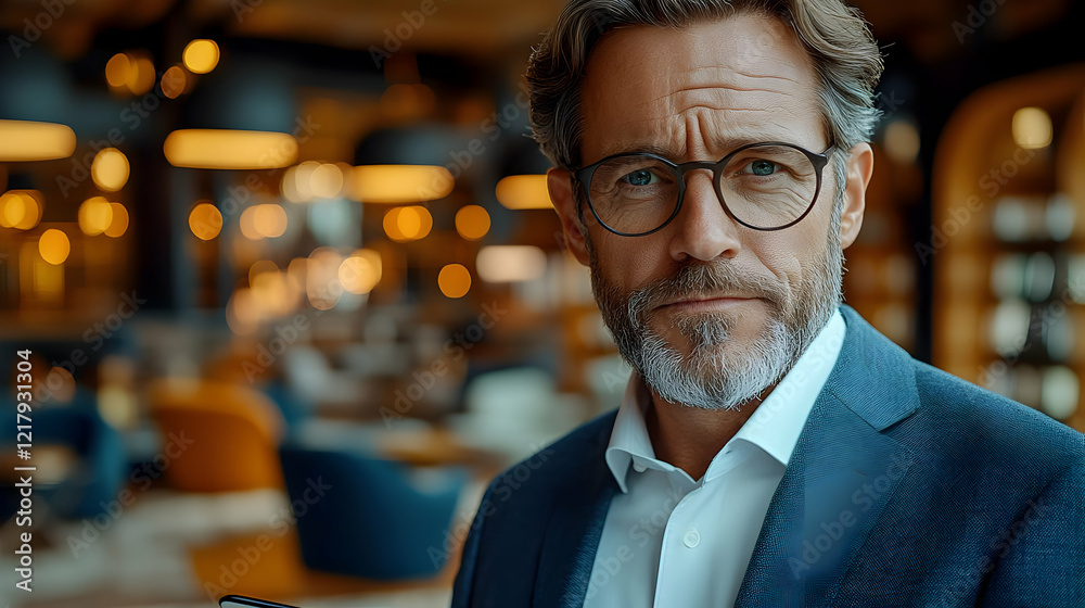 Portrait of a Confident Middle-Aged Man in a Suit and Glasses Portrait of a Confident Middle-Aged Man in a Suit and Glasses