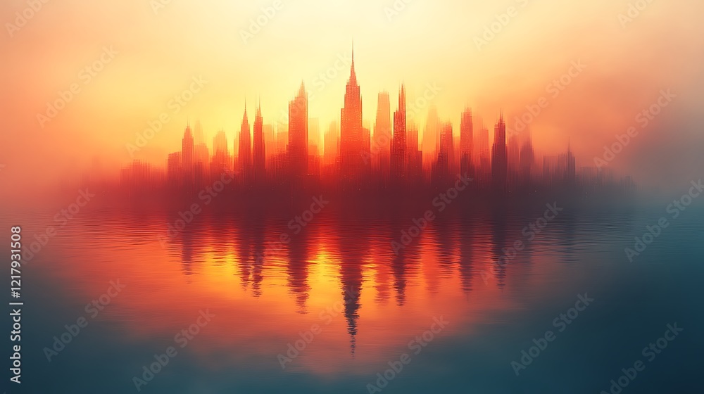 Fototapeta premium A hazy city skyline reflected in calm water at sunset
