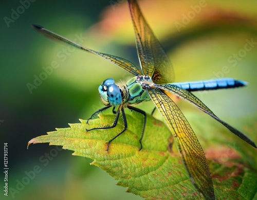 closeup of a blue eyed darner dragonfly on a leaf photo