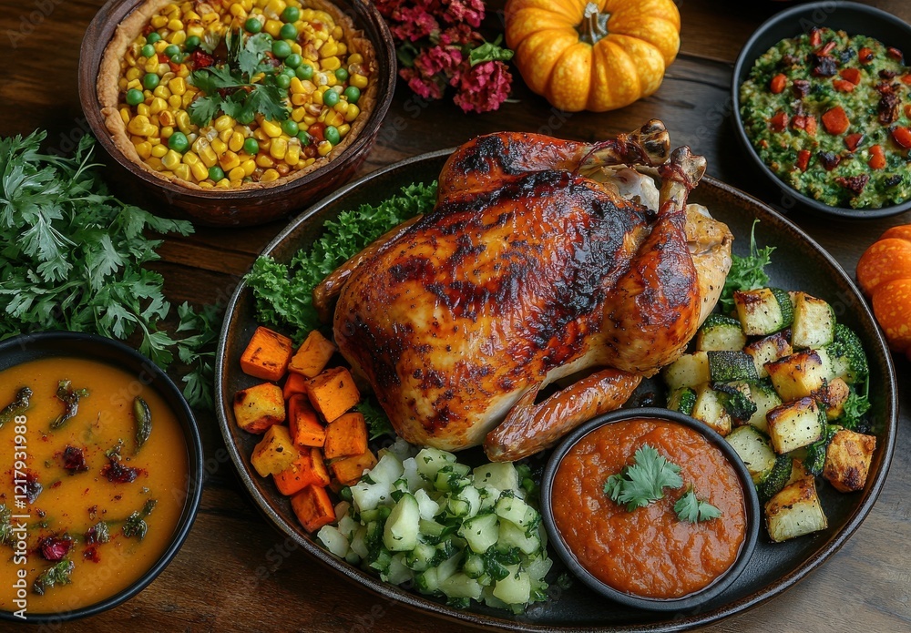 Festive Thanksgiving Dinner Display with Roast Turkey, Autumn Vegetables, Colorful Sides, and Seasonal Decor on a Wooden Table Festive Thanksgiving Dinner Display with Roast Turkey, Autumn Vegetables, Colorful Sides, and Seasonal Decor on a Wooden Table