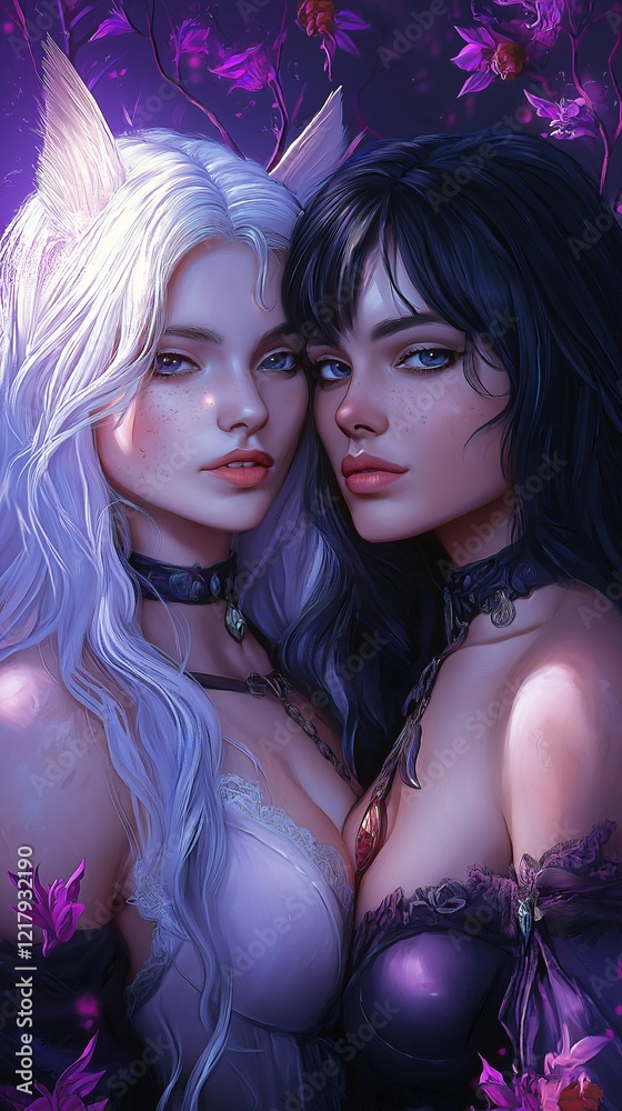 Obraz premium Two mystical women with contrasting hair colors and enchanting expressions amidst floral backdrop