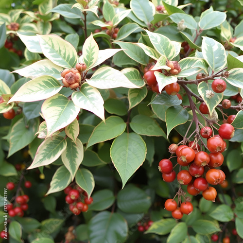 The variegated leaf Japanese spindle tree hedge and  berries. Celastraceae evergreen shrub. Many florets bloom in summer, and berries ripen in autumn and dehiscence to produce orange-red seeds. photo