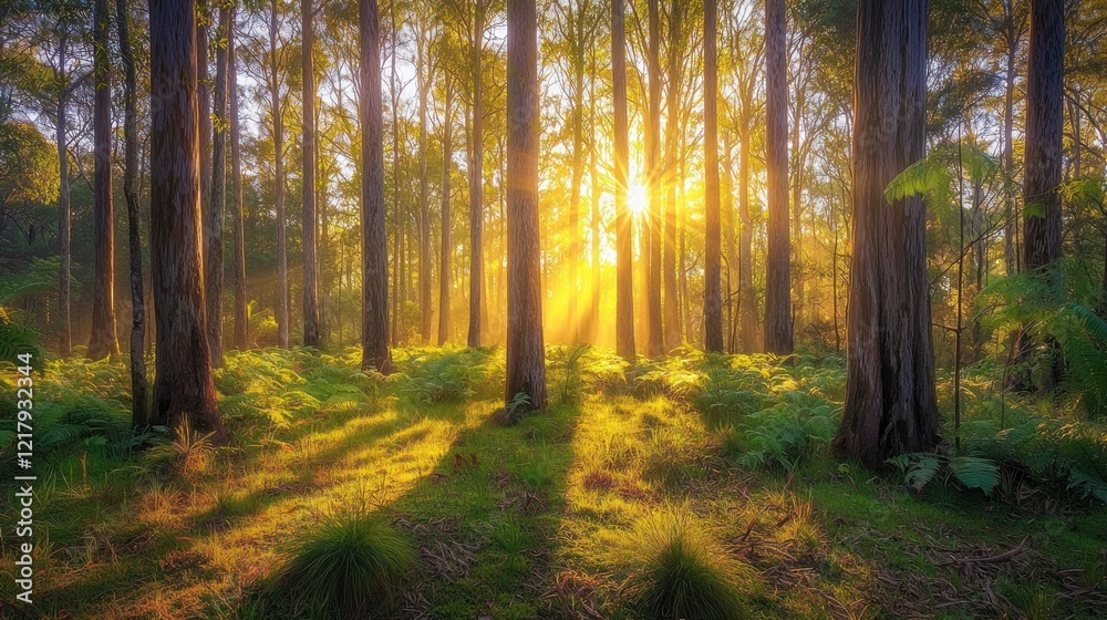 Naklejka premium Sunbeams illuminate a forest at sunrise.