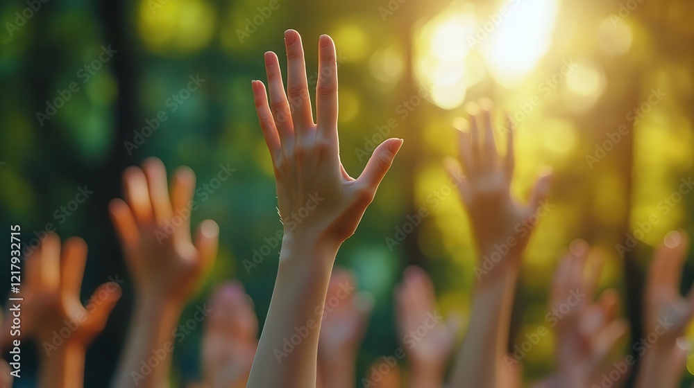 Yoga class outdoors, close-up of hands reaching towards the sky, peaceful park background Yoga class outdoors, close-up of hands reaching towards the sky, peaceful park background