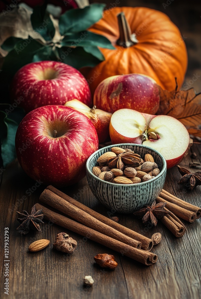 Fresh Apples and Almonds with Cinnamon Sticks on Wooden Table Surrounded by Autumn Leaves and a Pumpkin in a Cozy Seasonal Arrangement Fresh Apples and Almonds with Cinnamon Sticks on Wooden Table Surrounded by Autumn Leaves and a Pumpkin in a Cozy Seasonal Arrangement