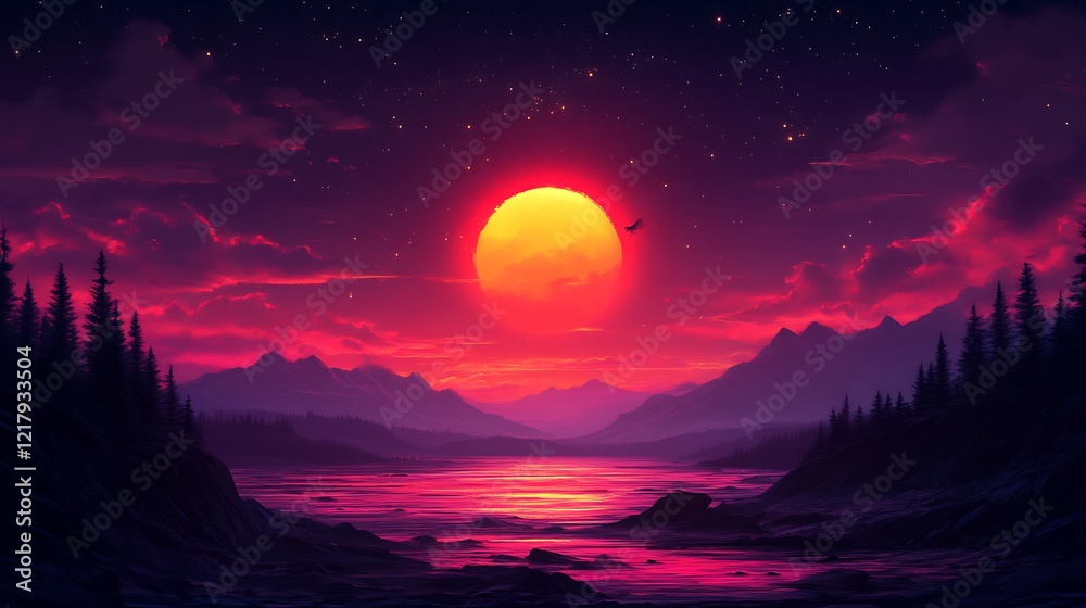 Fototapeta premium Vibrant Sunset Over Mountain Lake and Forest