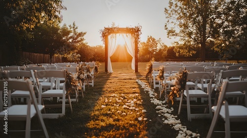 Serene outdoor wedding ceremony setup at sunset with floral decorations and chairs arranged
