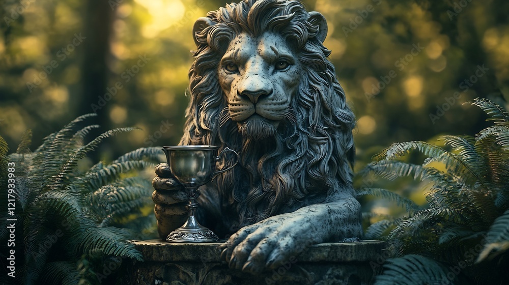 Fototapeta premium Majestic lion statue holding goblet serene forest setting warm golden light. AI Generated