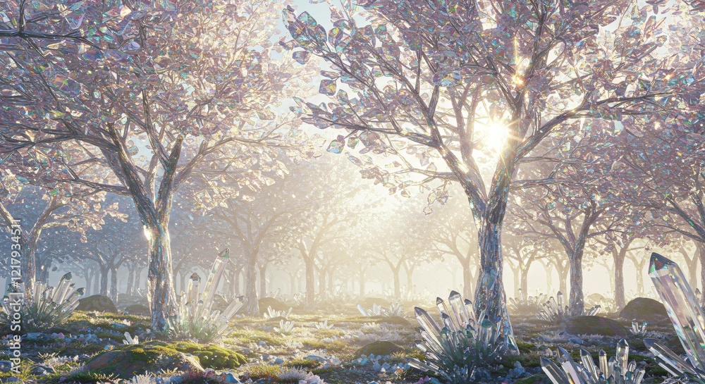 A crystalline forest with trees made of translucent glass, refracting sunlight into rainbow colors A crystalline forest with trees made of translucent glass, refracting sunlight into rainbow colors