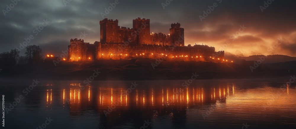 Naklejka premium Majestic medieval castle fortress with towering turrets and imposing architecture reflected in the calm tranquil waters of a lake at a dramatic moody sunset The scene evokes a sense of mystery