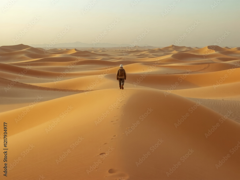 A man walks across a desert with a white hat on. The desert is vast and empty, with no other people or objects in sight. The man is alone and focused on his journey