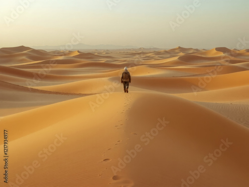 Obraz na płótnie A man walks across a desert with a white hat on. The desert is vast and empty, with no other people or objects in sight. The man is alone and focused on his journey w salonie