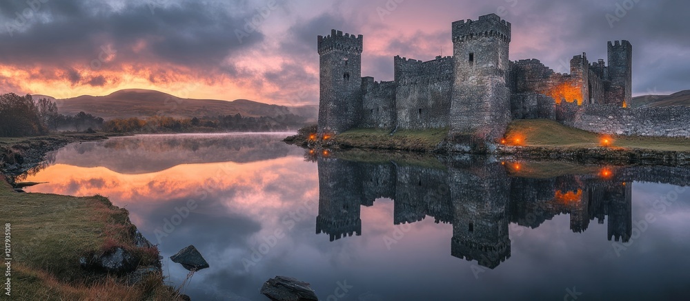 Fototapeta premium Majestic medieval castle with towers and turrets reflected in the calm mirrored surface of a tranquil lake set against a dramatic sky at sunset This picturesque