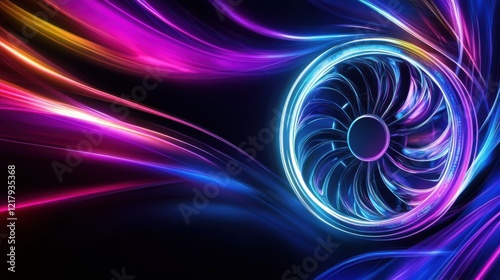 Abstract swirl of vibrant light streams in blue, purple, and orange surrounding a futuristic turbine design, creating a dynamic visual effect for technology and creativity themes.