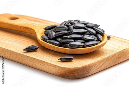 A Close-Up View of Holistically Beautiful Black Sunflower Seeds Piled on a Wooden Spoon Over a Natural Wood Cutting Board for Healthy Cooking and Snacking photo